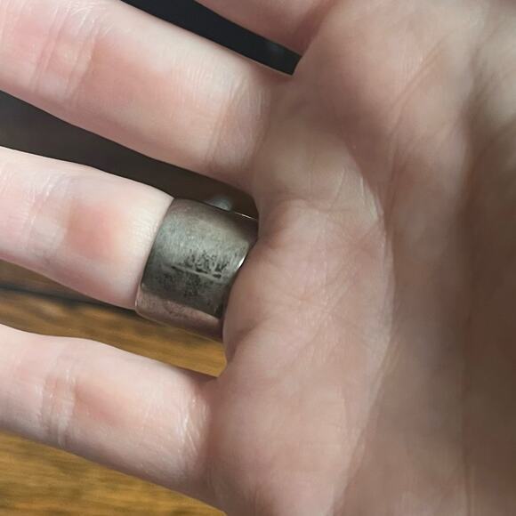 Vintage Carved Pale Green Flower Stone Wide Band Chunky 925 Sterling Silver Ring - Picture 3 of 14